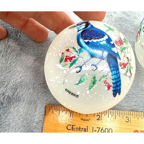 Vintage Krebs 4 Frosted Glass Christmas Ornaments With Cardinals & Blue Jays - Picture 7 of 8